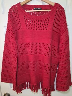 Pamela McCoy Open Knit Fringe Boho Lightweight Pullover Sweater- Size XL Red